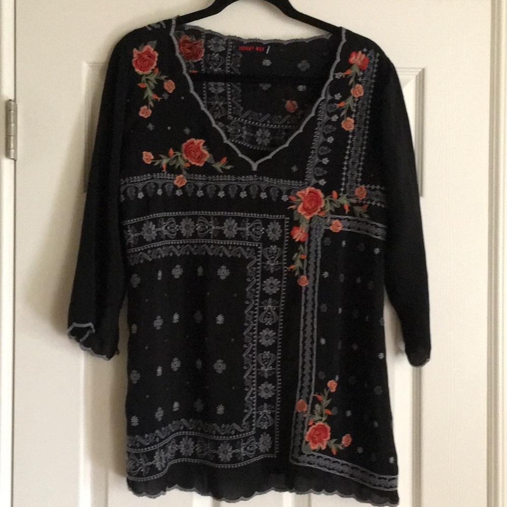 Johnny Was Black Tunic with Red Rose Embroidery